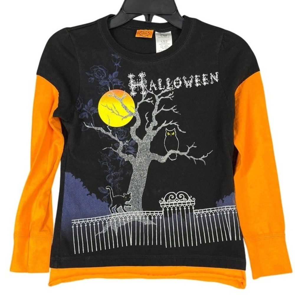 Halloween Tree Black Cat Owl Long Sleeve Shirt Girl's Size‎ L 10/12